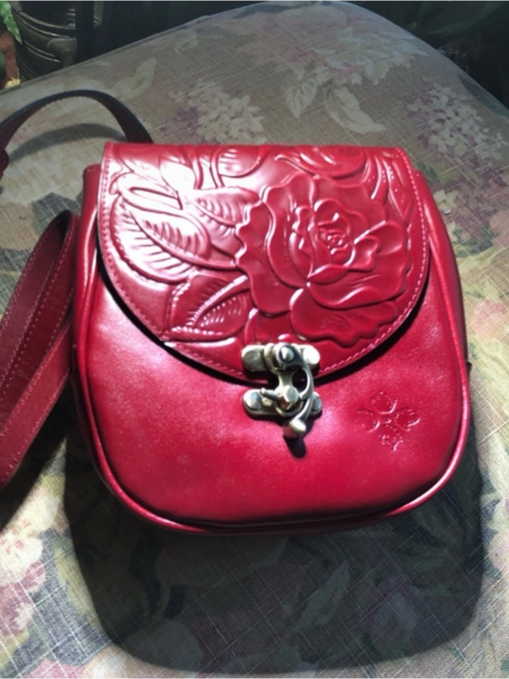 Red Floral Embossed Patricia Nash Leather Crossbody Bag